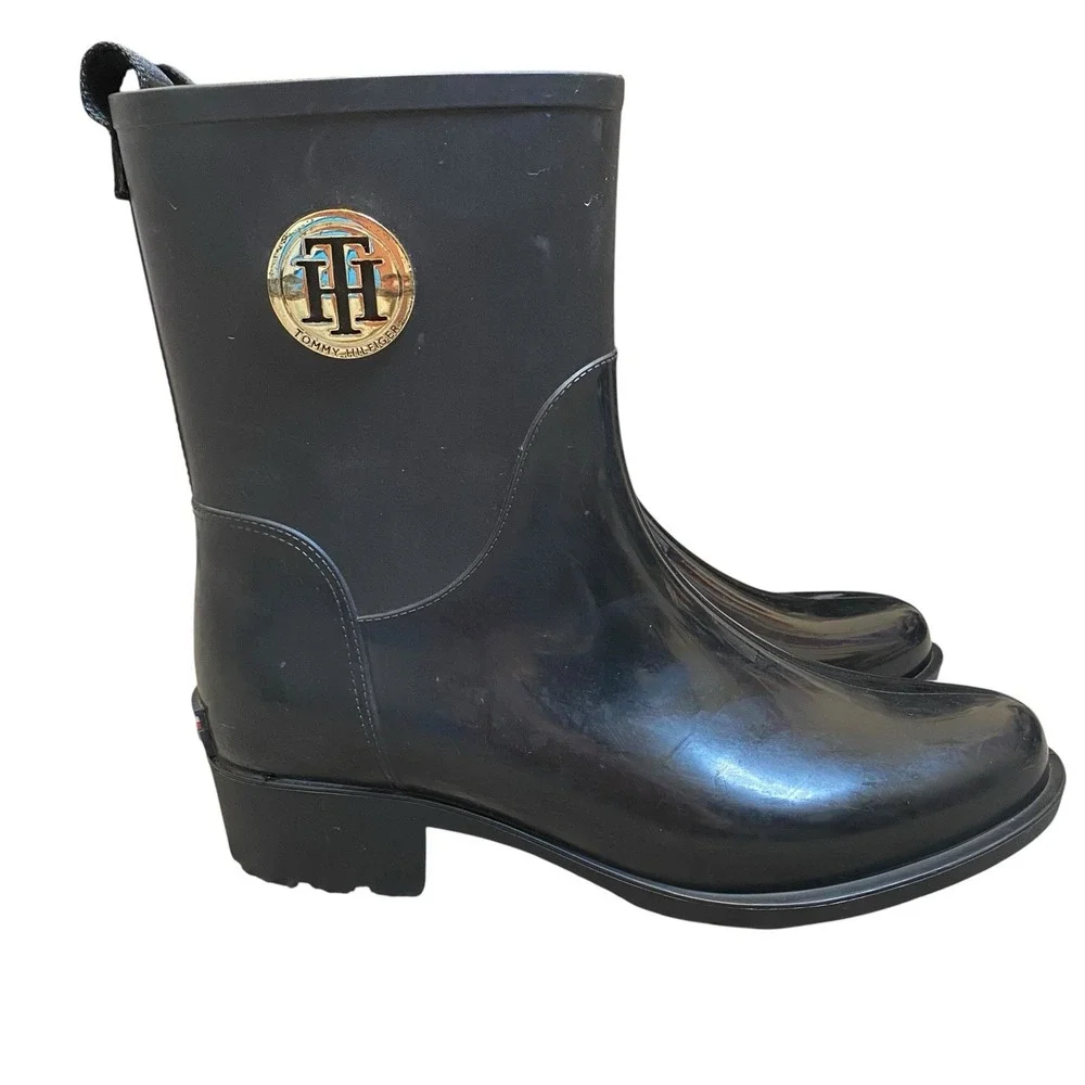Black Glossy Rain Boots Women 7M Black Glossy Mid Calf Logo Tommy Hilfiger